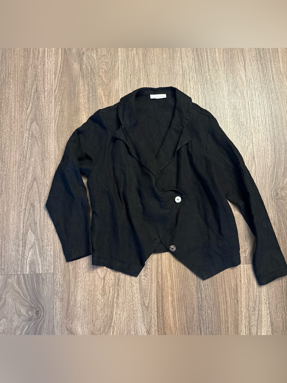 Bryn Walker asymmetrical Black linen blazer with button-up front and long sleeve